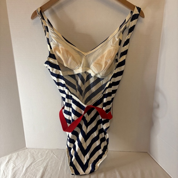 Sun Bound Swimsuit 12 VTG 80s Sears Navy Red White Sailor Belted OnePiece - Picture 2 of 9